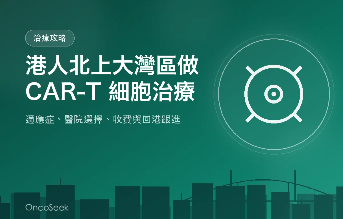港人北上大灣區考慮 CAR-T 細胞治療的示意圖，包含免疫細胞、醫院與城市剪影元素