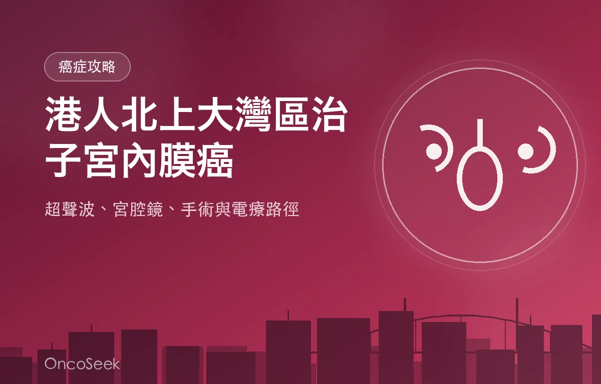 港人北上大灣區治療子宮內膜癌的資訊圖，包含城市剪影與醫療十字元素