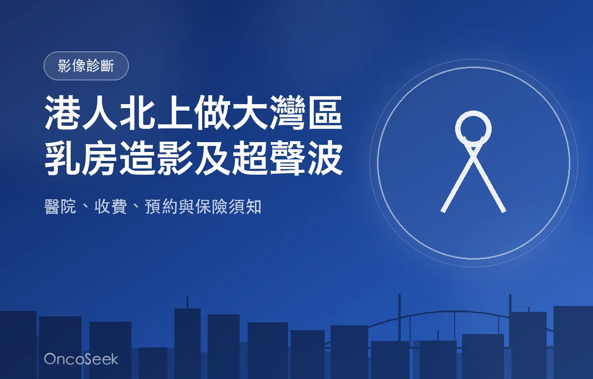 港人北上大灣區進行乳房造影與超聲波檢查的示意圖，包含城市剪影及醫療圖標