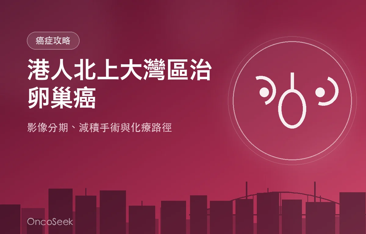 港人北上大灣區治療卵巢癌的資訊圖，包含城市剪影與醫療十字元素