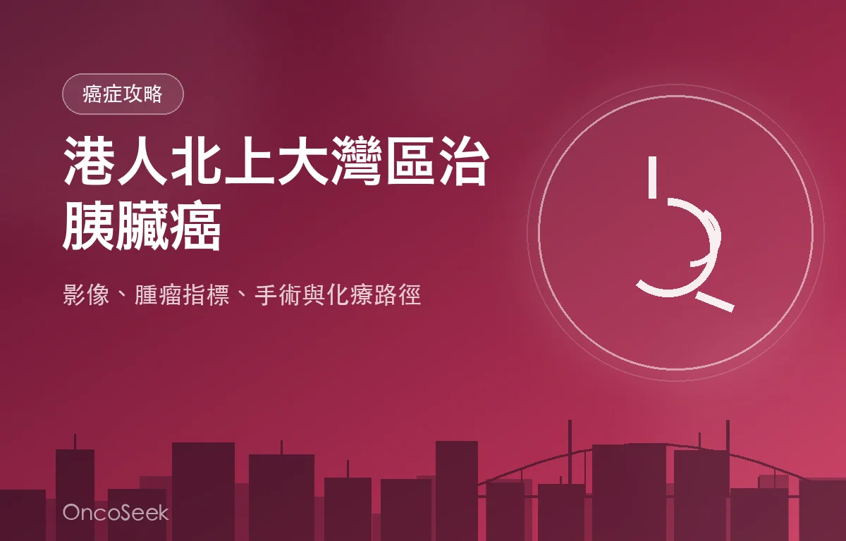 港人北上大灣區治療胰臟癌的資訊圖，包含城市剪影與醫療十字元素