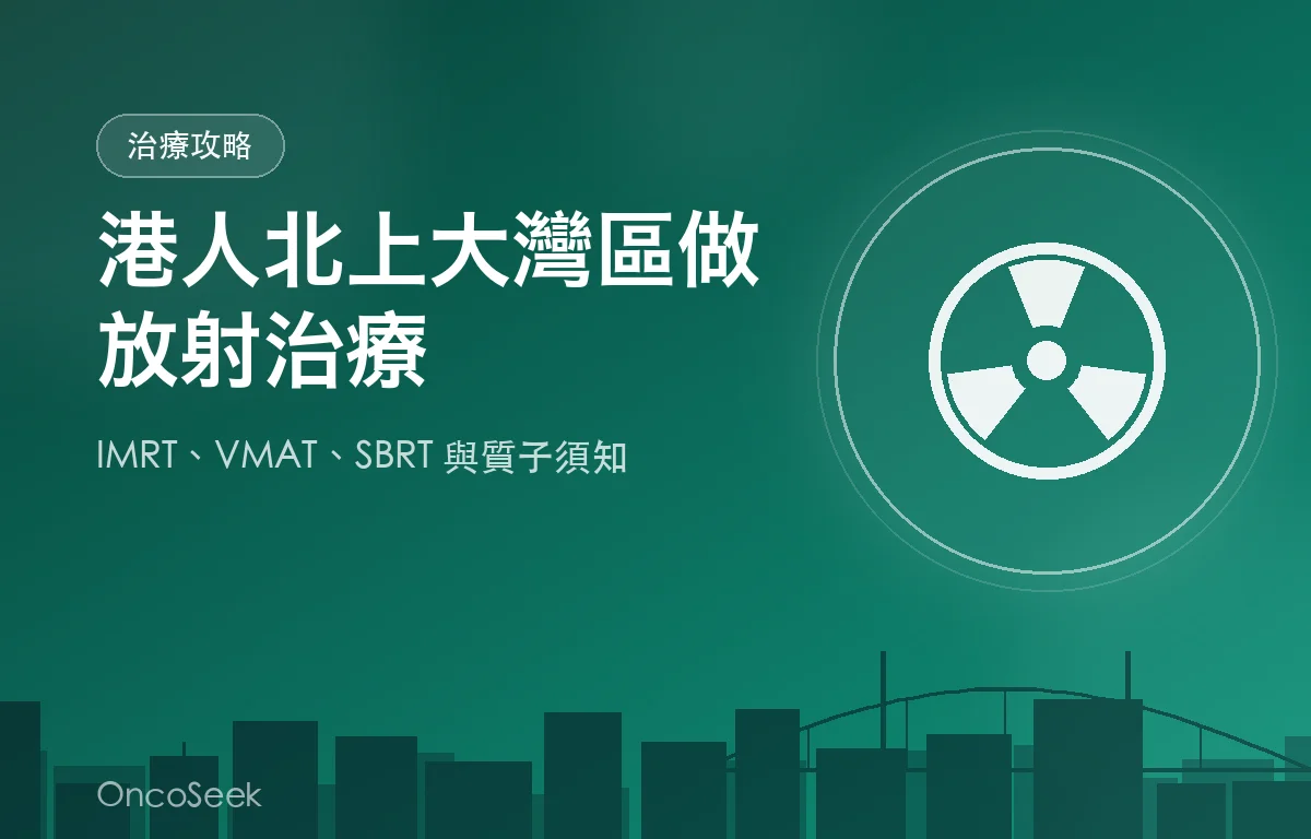 港人北上大灣區接受放射治療的示意圖，包含直線加速器、放射線與城市剪影元素