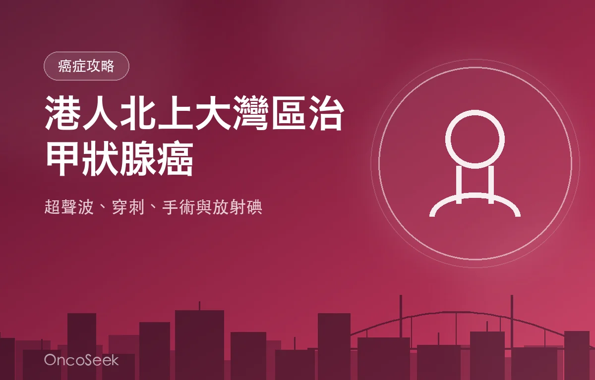 港人北上大灣區接受甲狀腺癌診斷與治療的資訊圖，包含頸部超聲波與醫療城市剪影元素