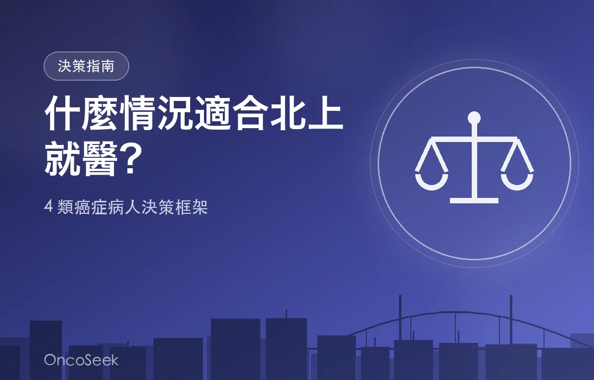 道路分岔標誌與大灣區城市剪影，象徵癌症病人北上就醫的決策